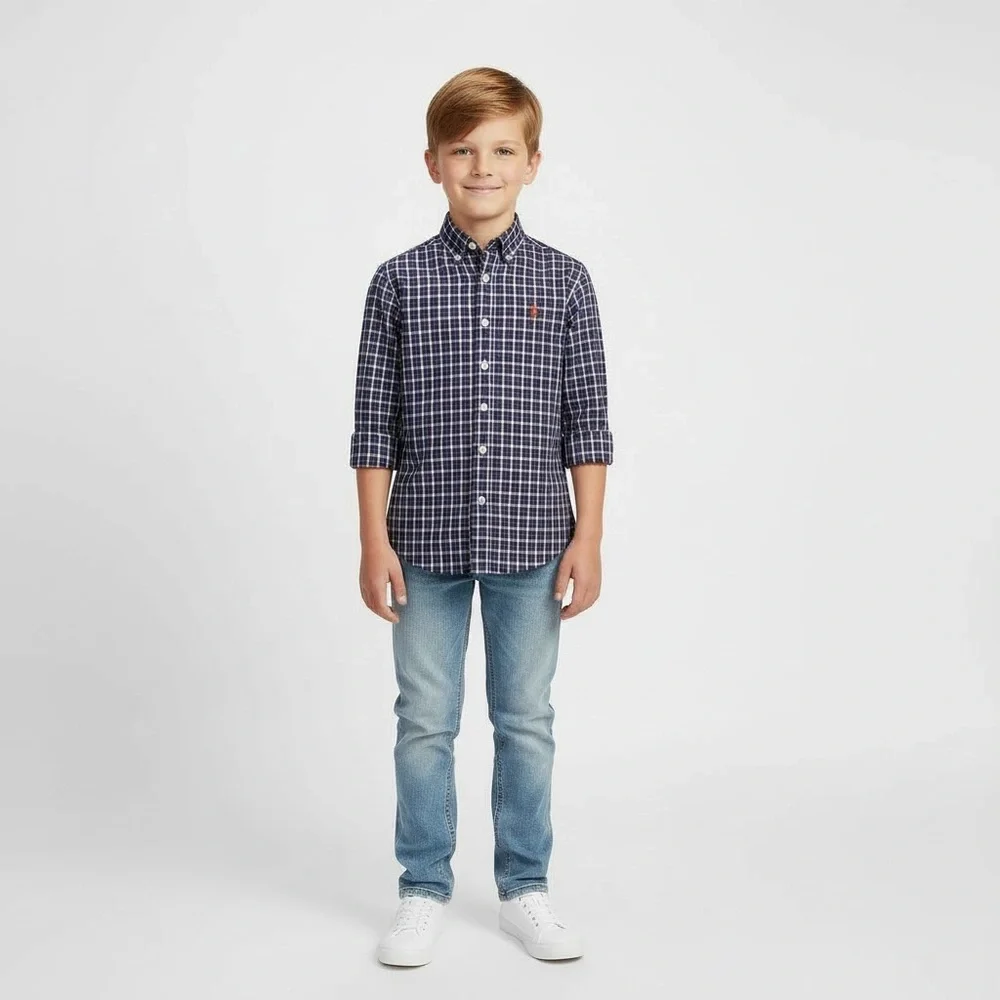 Polo Ralph Lauren Boys Classic Plaid Button Down Long Sleeve Shirt Navy/Red Sz 5